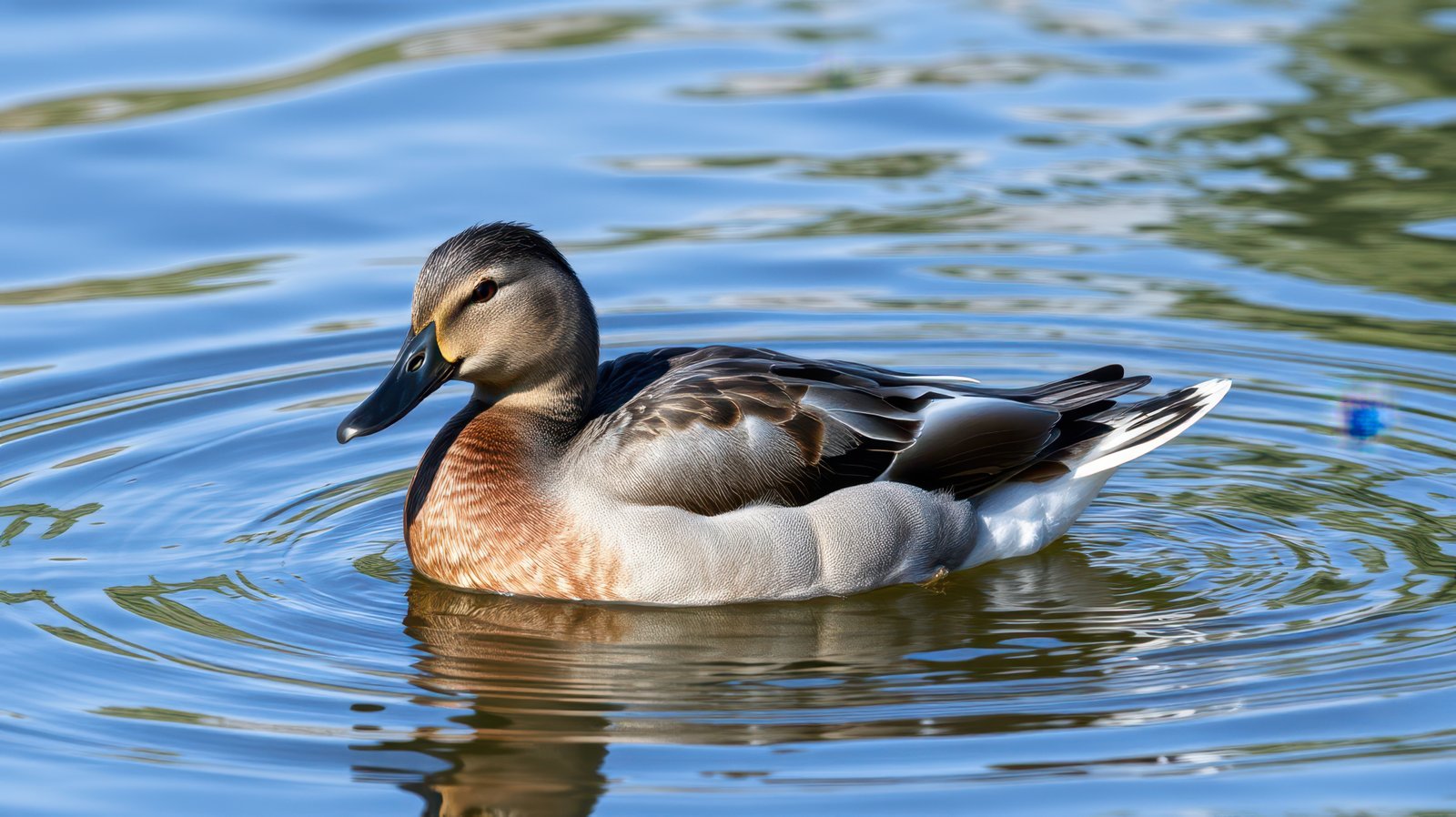 Duck gliding smoothly across a serene pond surrounded by rippling water reflections during a sunny day